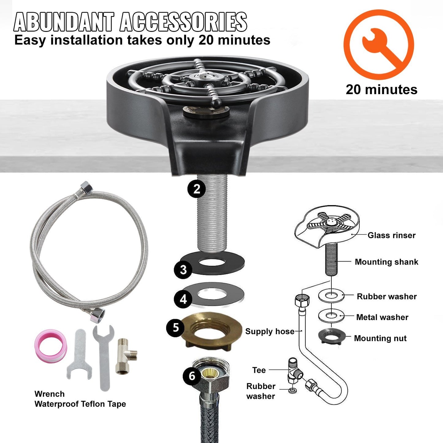 Glass Rinser, 10 Powerful Spraying Jets 360° Rotating Cup Rinser for Sink, Wearproof ABS Kitchen Sink Faucet Cup Washer & ABS Cup Holder for Baby Bottle, Glass Cup, Wine Glass (Black Base)