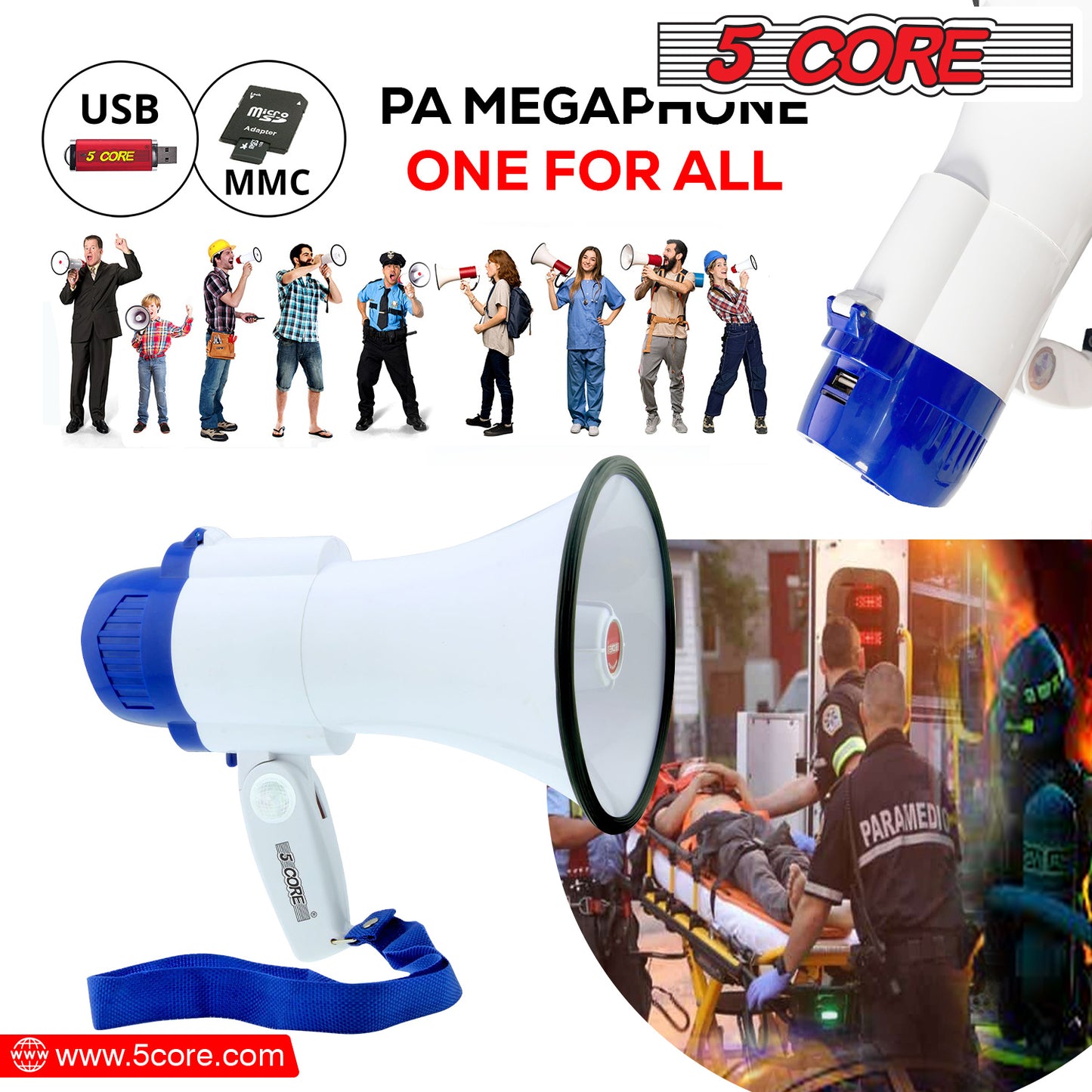 5 CORE Megaphone Bull Horn 30W Loud Speaker 800 Yards Range Rechargeable Portable USB Bullhorn w Recording Volume Control Siren Noise Maker for Kids and Adults for Cheerleading Football Safety Drills