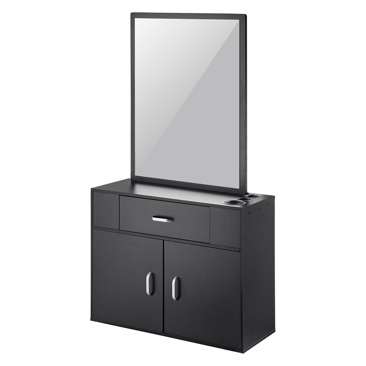 Salon Storage Cabinet, Wall Mounted Barber Salon Station for Hair Stylist, Hair Stylist Station Set, with 3 Sleeves, A Mirror, Double-door Cabinet, and A Drawer, Black