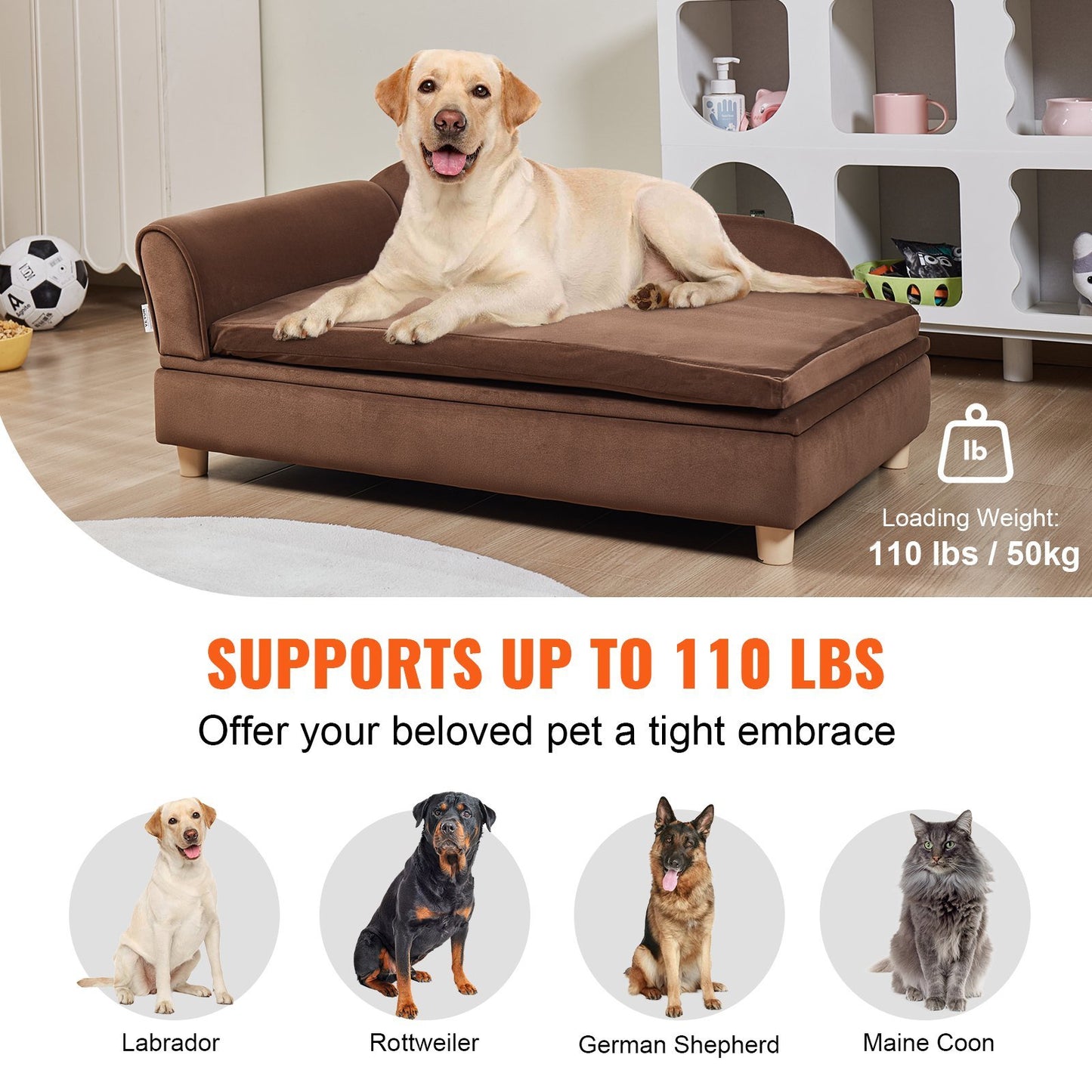 Pet Sofa, Dog Couch for Large-Sized Dogs and Cats, Soft Velvety Dog Sofa Bed, 110 lbs Loading Cat Sofa, Dark Brown