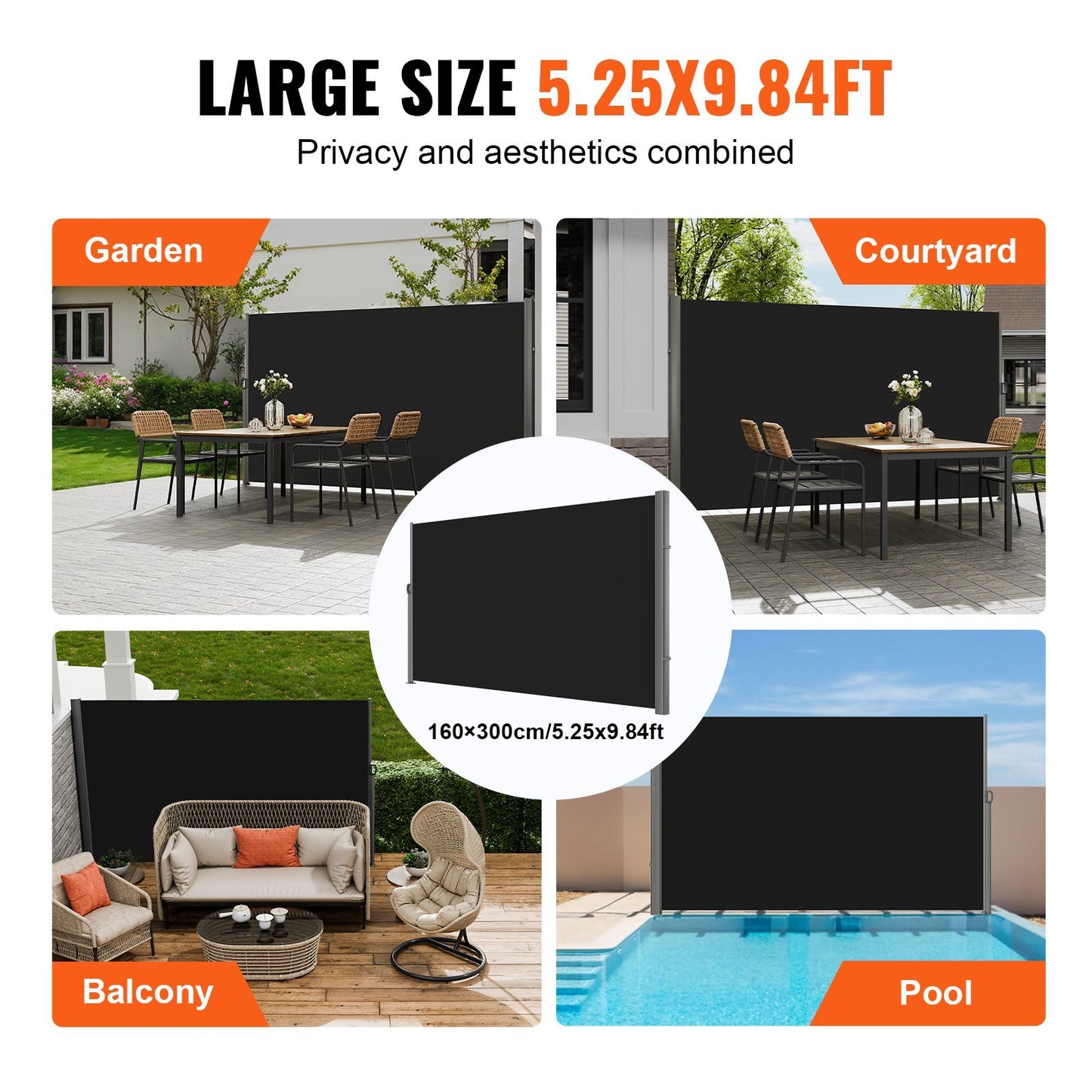 Retractable Side Awning 118" x 71", Retractable Patio Screen Waterproof, Retractable Room Divider Black for Privacy, Garden, Outdoor, Patio and Terrace