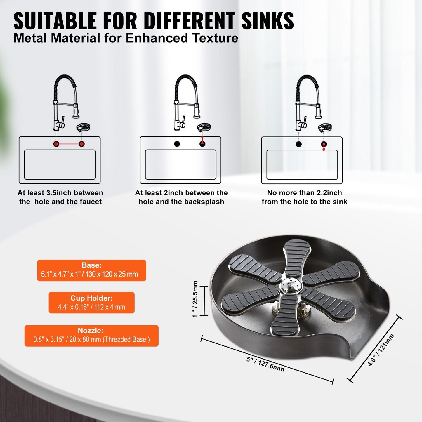 Glass Rinser, 10 Powerful Spraying Jets 360° Rotating Cup Rinser for Sink, 304 Stainless Steel Faucet Cup Washer & Silicone Nonslip Pad for Baby Bottle, Glass Cup, Wine Glass (Silver Grey Base)
