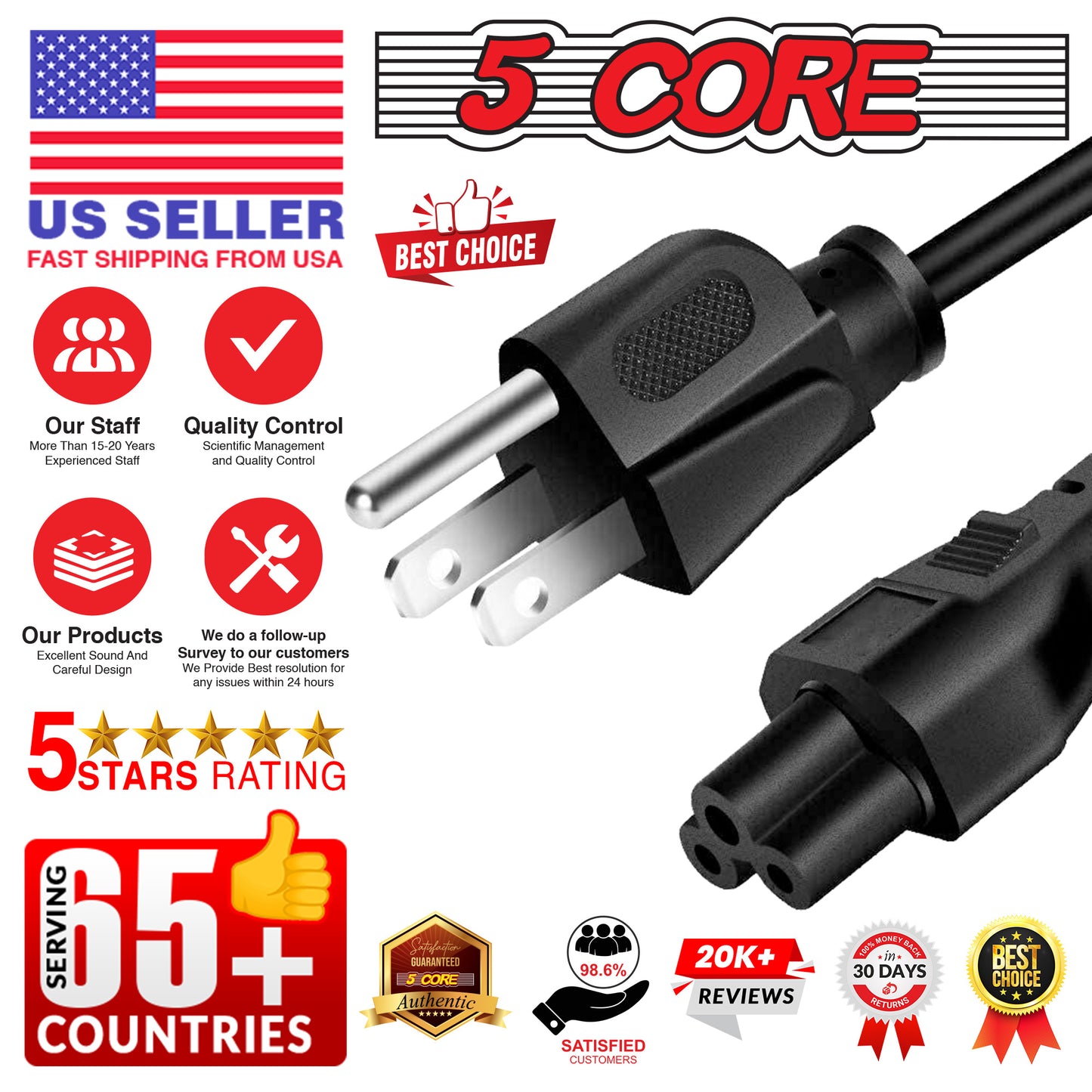 5 Core 3 Prong 6ft Power Cord AC Wall Plug 3 Slot Polarized 18AWG 10A 7A 125V Heavy Duty Wire 1/2/5-  PL 1001