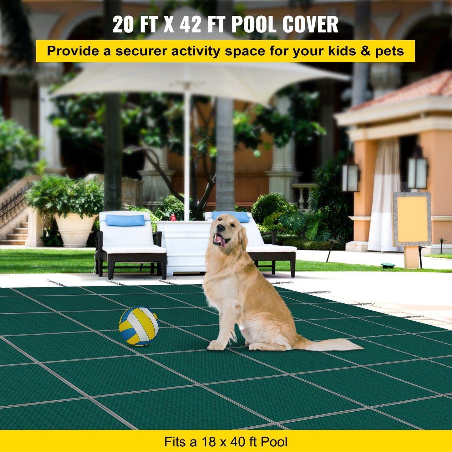VEVOR Inground Pool Safety Cover, 20 x 42 ft Rectangular Winter Pool Cover, Triple Stitched, High Strength Mesh PP Material, Good Rain Permeability, Installation Hardware Included, Green