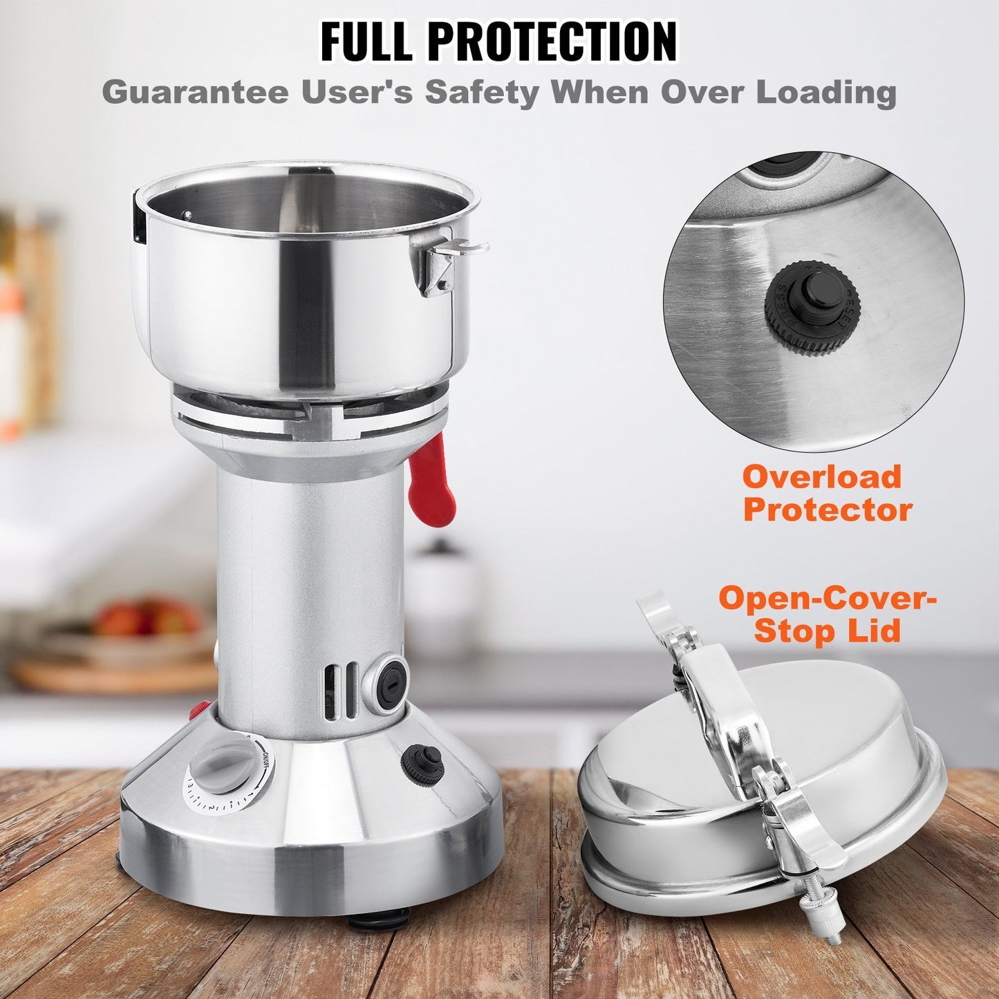 VEVOR 300g Electric Grain Mill Grinder, High Speed 1900W Commercial Spice Grinders, Stainless Steel Pulverizer Powder Machine, for Dry Herbs Grains Spices Cereals Coffee Corn Pepper, Straight Type