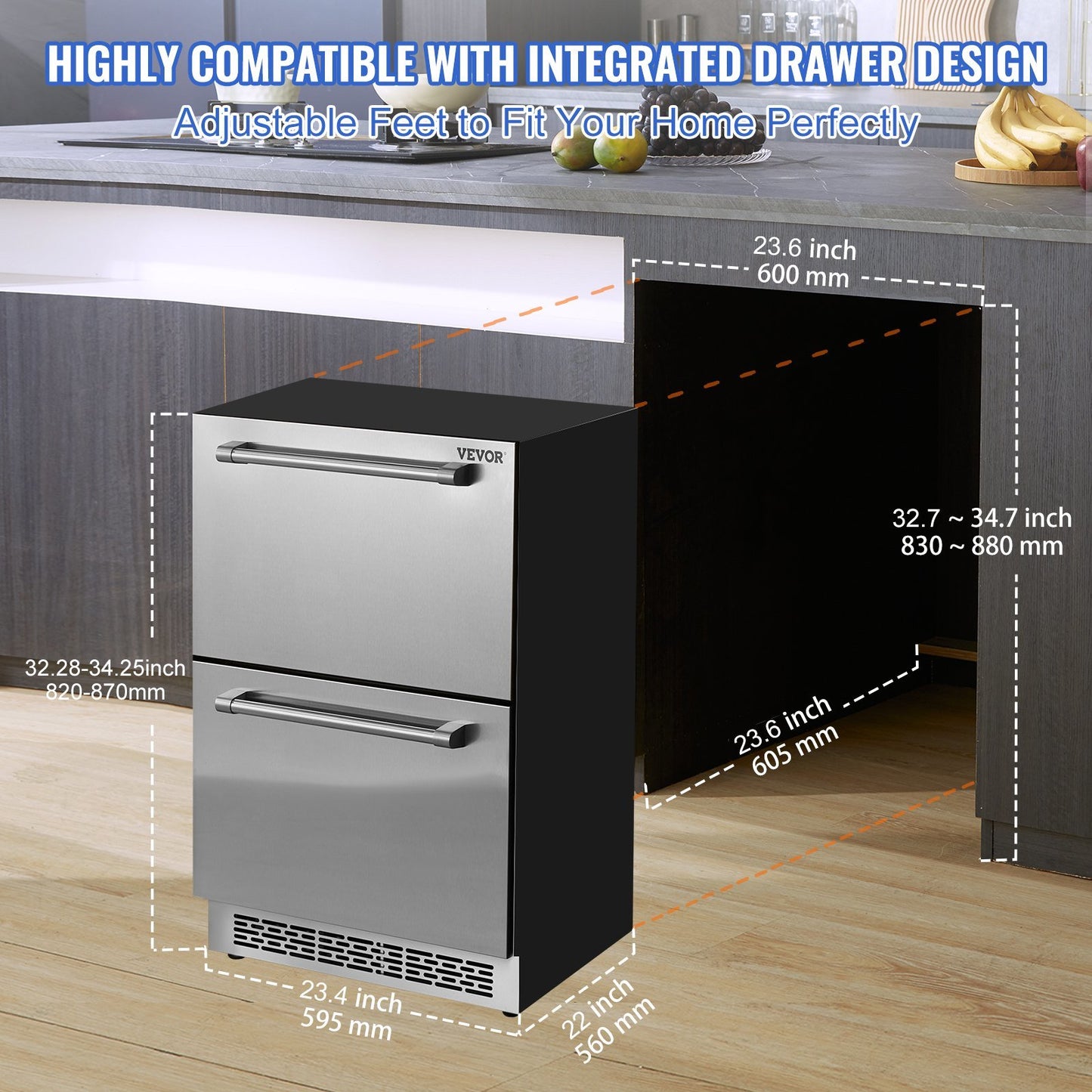 24 inch Undercounter Refrigerator, 2 Drawer Refrigerator with Different Temperature, 4.87 Cu.ft. Capacity, Waterproof Indoor and Outdoor Under Counter Freezer Fridge for Home and Commercial Use