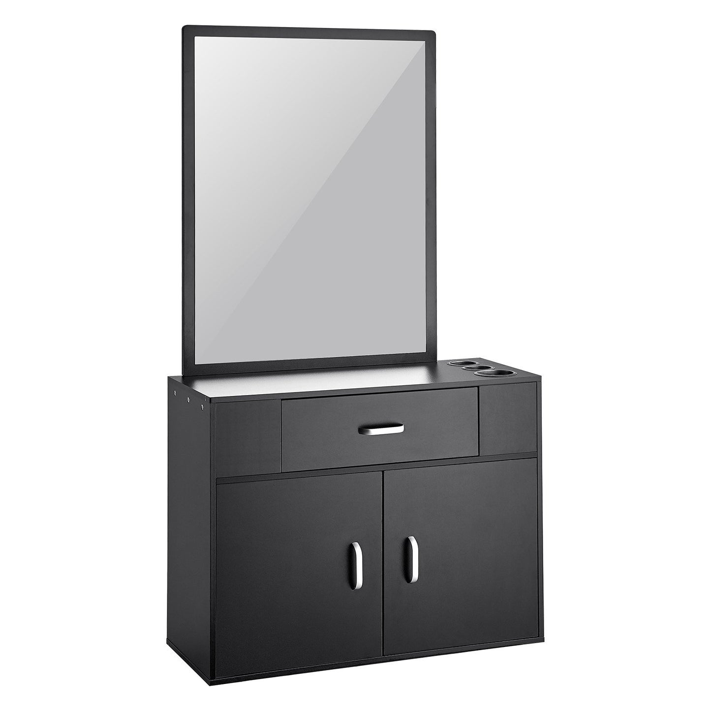 Salon Storage Cabinet, Wall Mounted Barber Salon Station for Hair Stylist, Hair Stylist Station Set, with 3 Sleeves, A Mirror, Double-door Cabinet, and A Drawer, Black