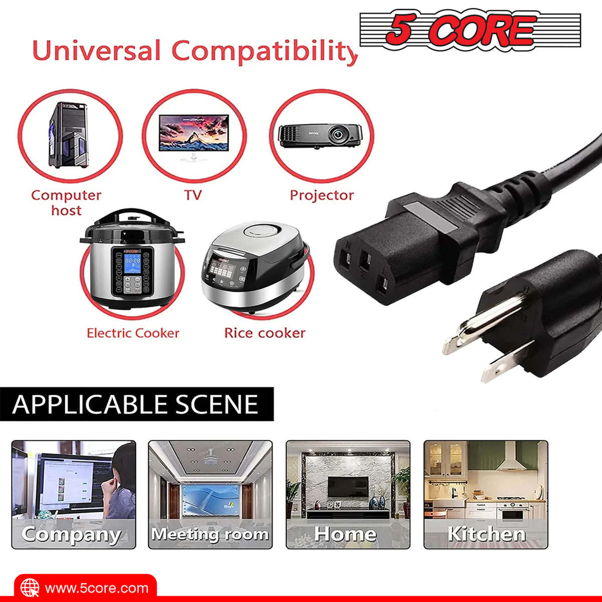 5 Core AC Power Extension Cord 10Ft 3 Prong Adapter 16AWG/2C 125V 13A US Polarized Male to Female - PC 1002