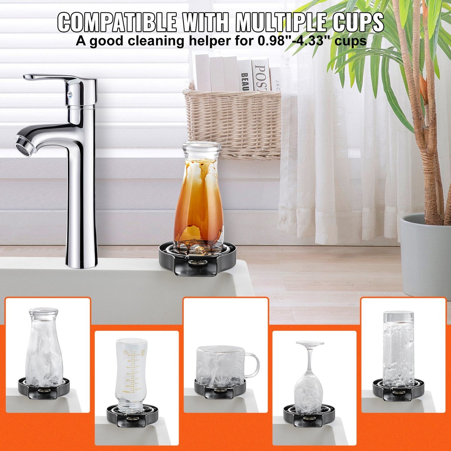 Glass Rinser, 10 Powerful Spraying Jets 360° Rotating Cup Rinser for Sink, 304 Stainless Steel Faucet Cup Washer with ABS Cup Holder for Baby Bottle, Glass Cup, Wine Glass (Matte Black Base)
