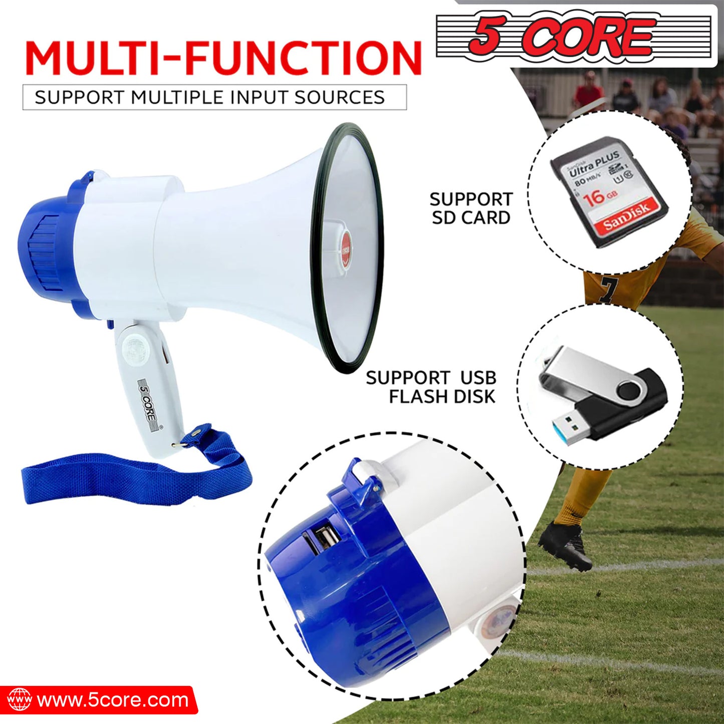 5 CORE Megaphone Bull Horn 30W Loud Speaker 800 Yards Range Rechargeable Portable USB Bullhorn w Recording Volume Control Siren Noise Maker for Kids and Adults for Cheerleading Football Safety Drills