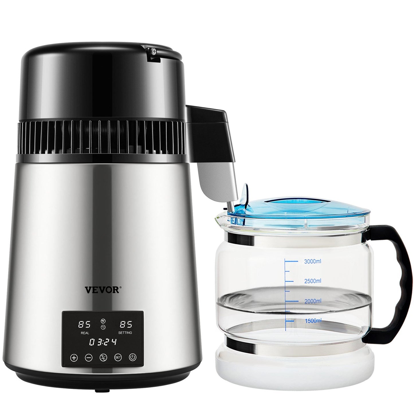 1.1Gal Water Distiller, 0.3Gal/H, 750W Distilled Water Maker Machine 0-99H Timing Dual Temp Display, 304 Stainless Steel Countertop Distiller Glass Carafe Cleaning Powder 3 Carbon Packs, Silver