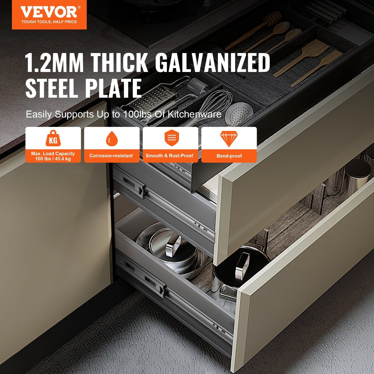 10 Pairs of 18 Inch Drawer Slides Side Mount Rails, Heavy Duty Full Extension Steel Track, Soft-Close Noiseless Guide Glides Cabinet Kitchen Runners with Ball Bearing, 100 Lbs Load Capacity