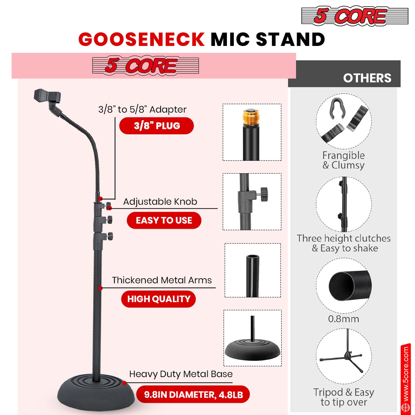 5 Core Mic Stand Floor Adjustable Universal Heavy Duty Gooseneck Microphone Stands Round Base Soporte De micrófono - MS RBP 3T GSE