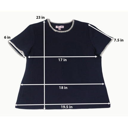 Teddi Rose Navy Short Sleeve Top White Blanket Stitch Crew Neck Medium 1958446