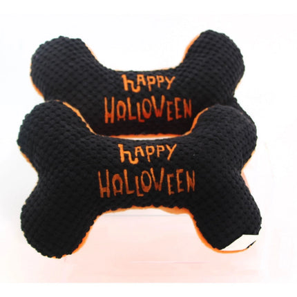 Happy Holloween Plush Dog Toy Bone Set Black Orange Textured Squeaky 2 Pack