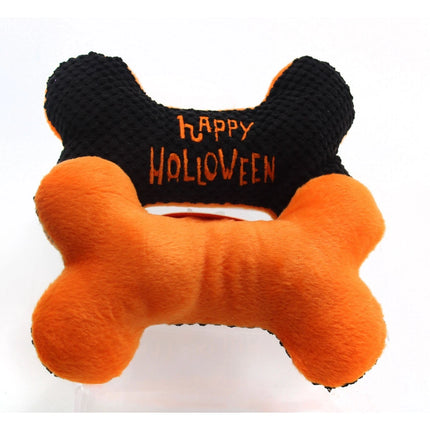 Happy Holloween Plush Dog Toy Bone Set Black Orange Textured Squeaky 2 Pack