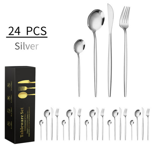 24 Pc Flatware Sets Silverware Set with Steak Knives, Stainless Steel Flatware Set for 4, Forks and Spoons Silverware Set Silver Mountdog