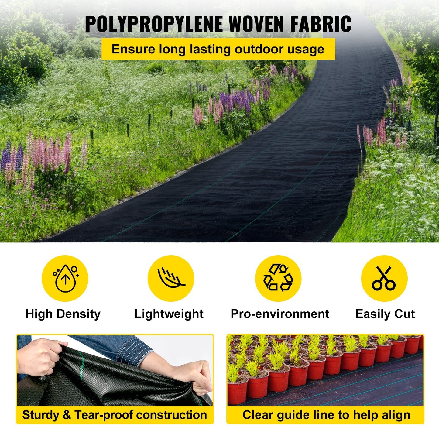 VEVOR 6FTx300FT Premium Weed Barrier Fabric Heavy Duty 3.2OZ; Woven Weed Control Fabric; High Permeability Good for Flower Bed; Geotextile Fabric for Underlayment; Polyethylene Ground Cover