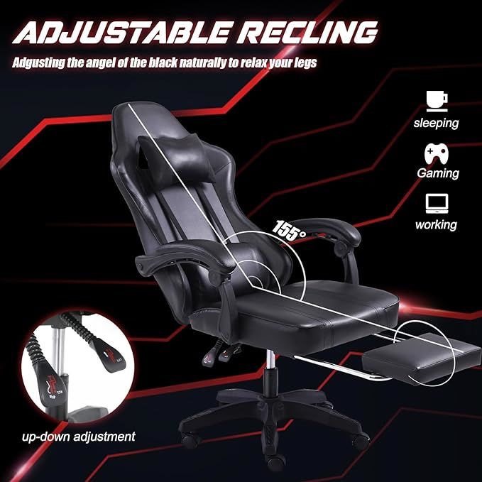 Video Game Chairs for Adults, PU Leather Gaming Chair with Footrest, 360°Swivel Adjustable Lumbar Pillow Gamer Chair, Comfortable Computer Chair for Heavy People