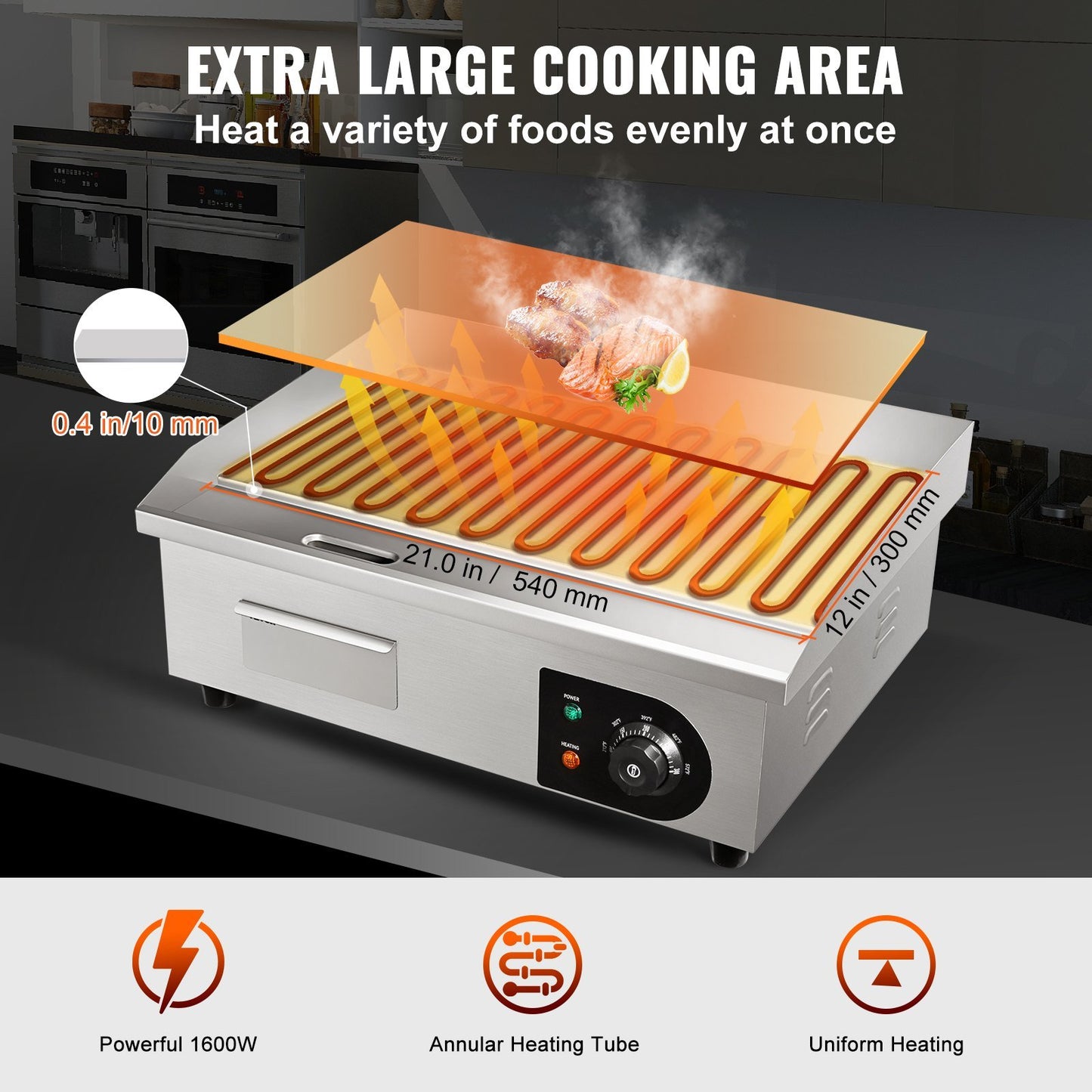 VEVOR Commercial Electric Griddle, 21", 1600W Countertop Flat Top Grill, Stainless Steel Teppanyaki Grill, 122-572 degree Fahrenheit Adjustable Temp Control 2 Shovels & Brushes,