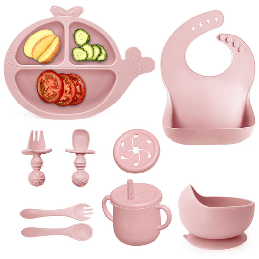 Soft Silicone Baby Feeding Set, Baby Weaning Set, Children's Cutlery Set with Adjustable Bib, Suction Cup Whale Divider Plate, Suction Cup Bowl, Stage 1 & 2 Spoon & Fork (Pink)