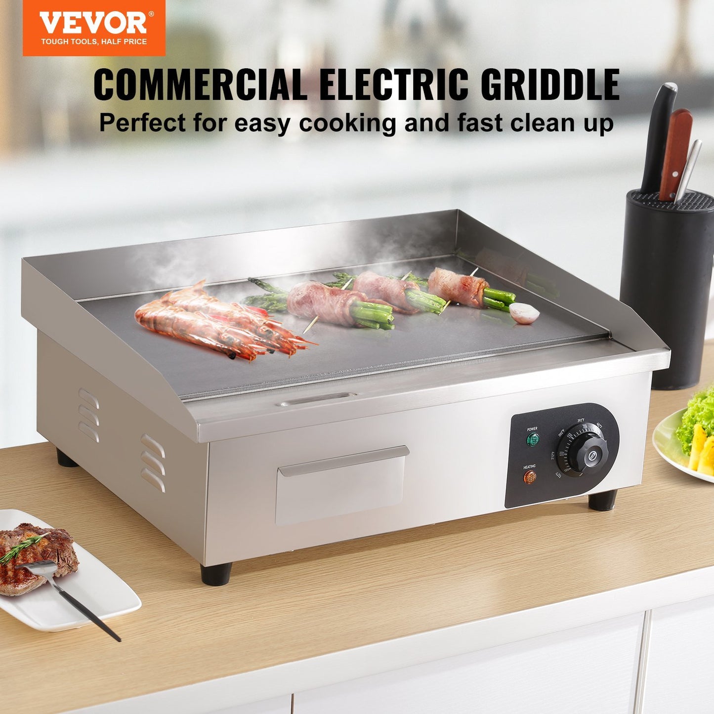 VEVOR Commercial Electric Griddle, 21", 1600W Countertop Flat Top Grill, Stainless Steel Teppanyaki Grill, 122-572 degree Fahrenheit Adjustable Temp Control 2 Shovels & Brushes,