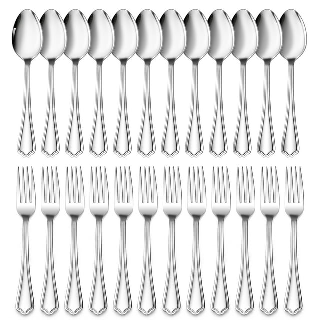 Walchoice 24-Piece Forks and Spoons Set, Stainless Steel Silverware Set For Home, Metal Eating Tableware, Elegant Scalloped Edge & Mirror Polished