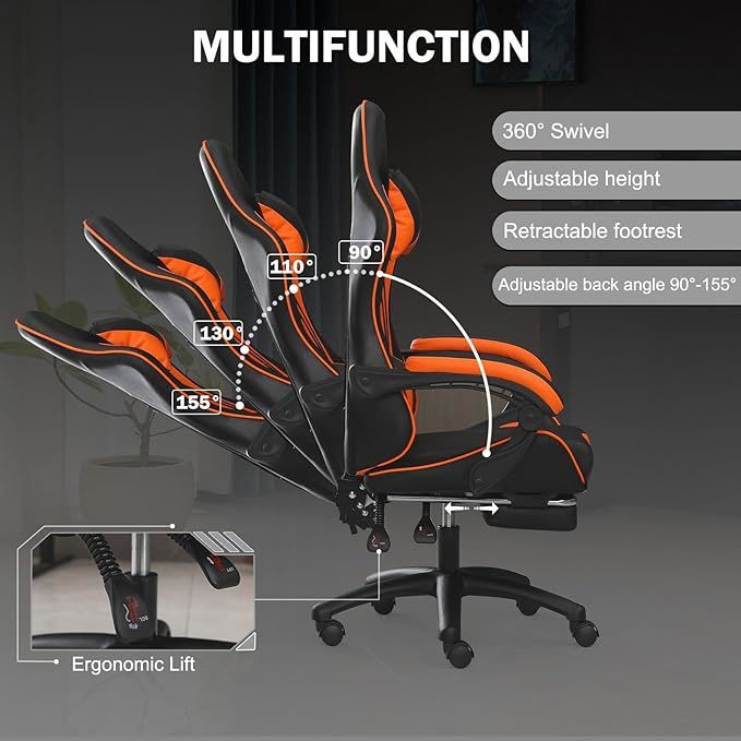Ergonomic Gaming Chair for Adults, Comfortable Computer Chair for Heavy People, Adjustable Height Office Desk Chair with Wheels, Breathable Leather Video Game Chairs