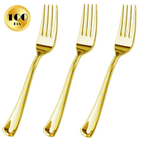 JL Prime 100 Piece Gold Plastic Forks Set, Re-Usable Recyclable Plastic Forks, Gold Plastic Forks, Great for Wedding, Anniversary, Rehearsal, Shower Events